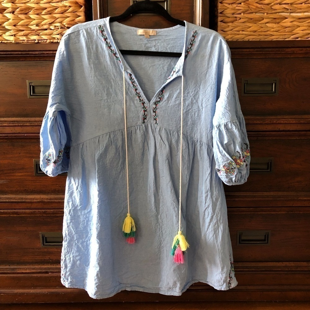 Wonderly chambray babydoll mini dress with neon embroidery in size S